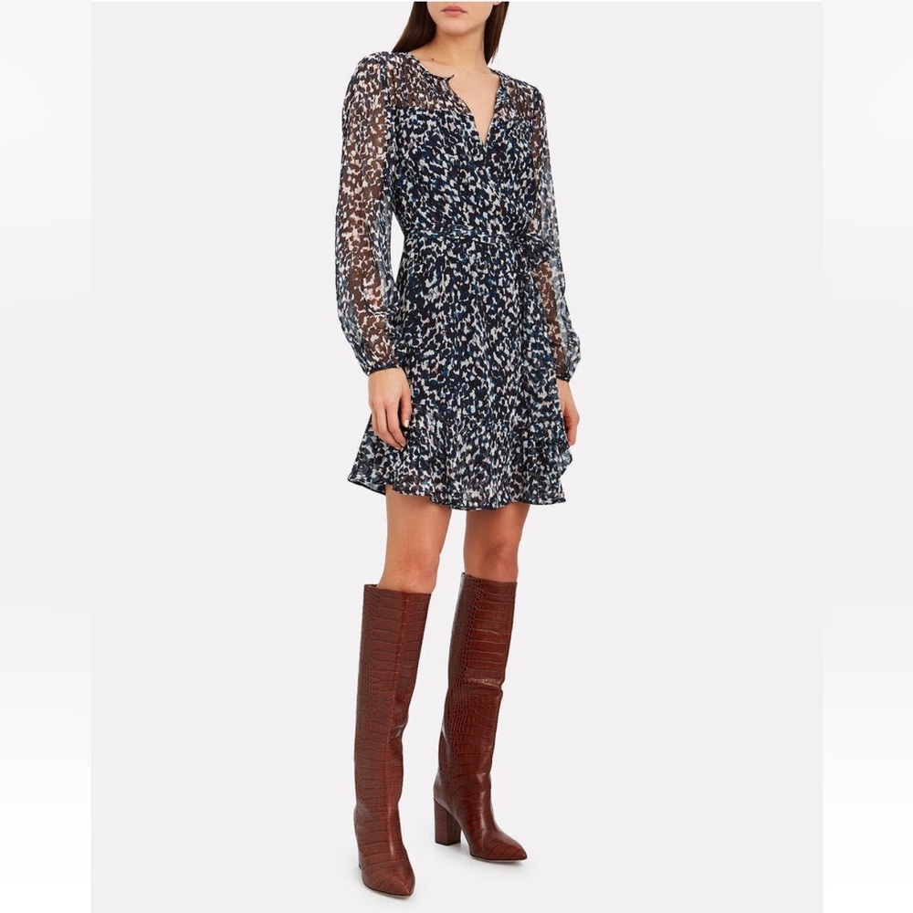 NWT Intermix Blue Animal Print 100% Silk Sheer Long Sleeve Mini Dress